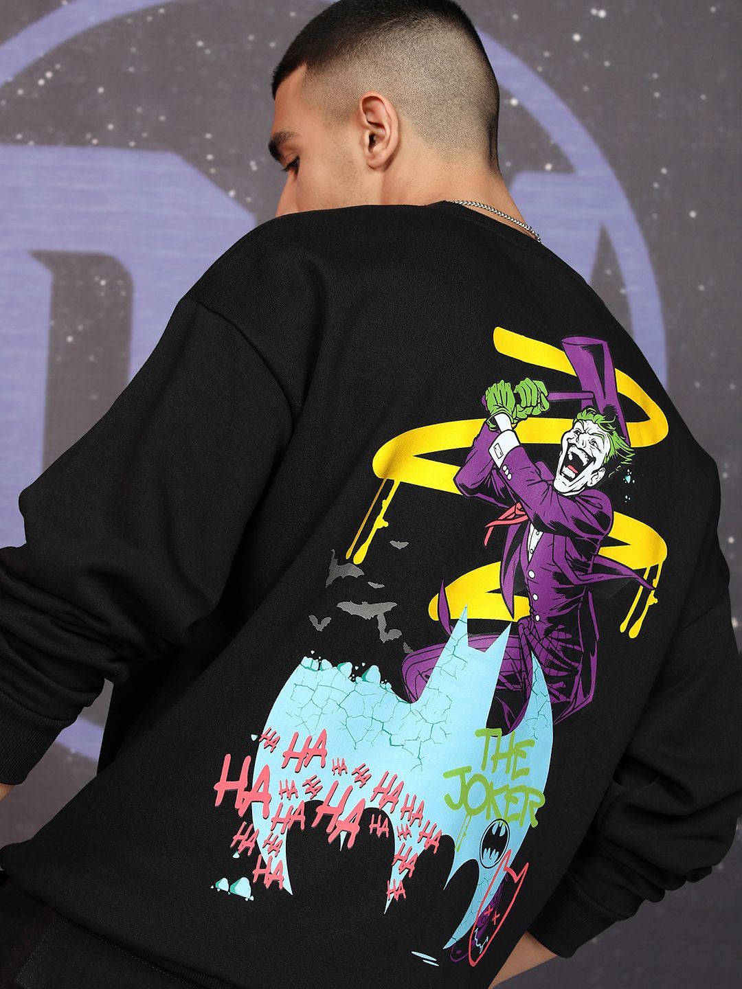 

HIGHLANDER Men Warner Bros Joker Printed Oversized Pullover Sweatshirt, Black