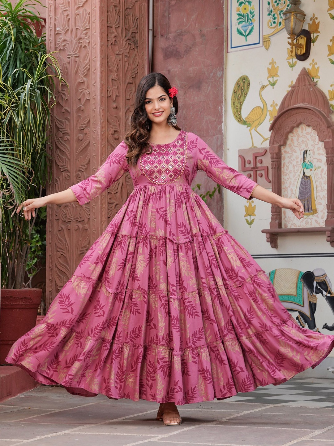

Rubellite Women Floral Embroidered Mirror Work Anarkali Kurta, Pink