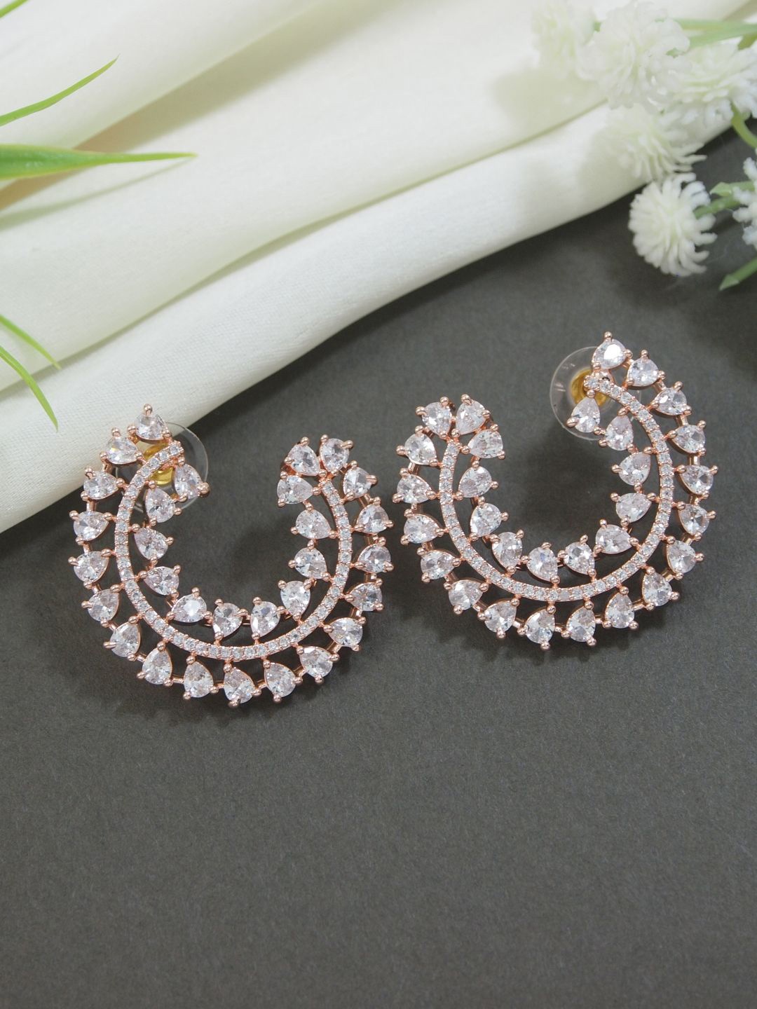 

I Jewels Rose Gold-Plated Stone Studded Contemporary Half Hoop Earrings