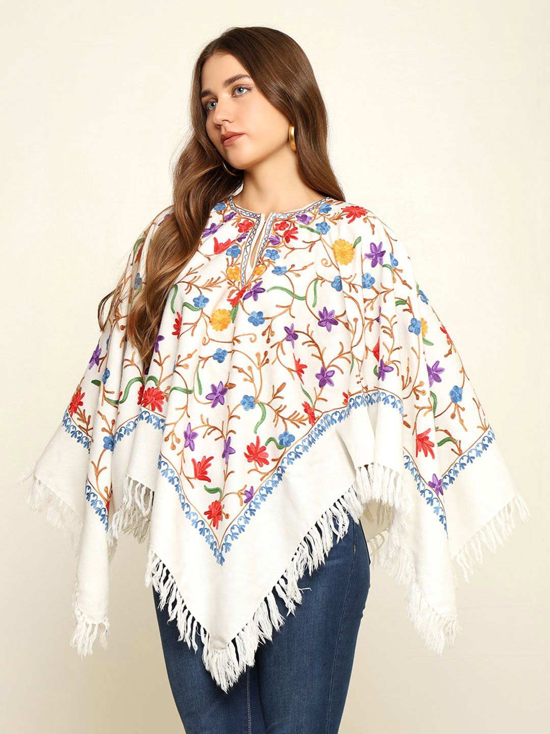 

CRAFTBAZAR Women Embroidered Poncho, White