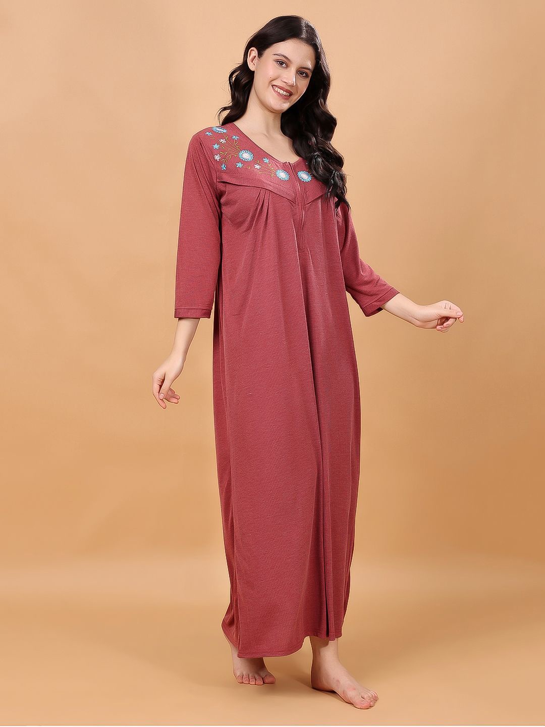 

CHUI MUI Women Embroidered Maxi Maternity Nightdress, Maroon