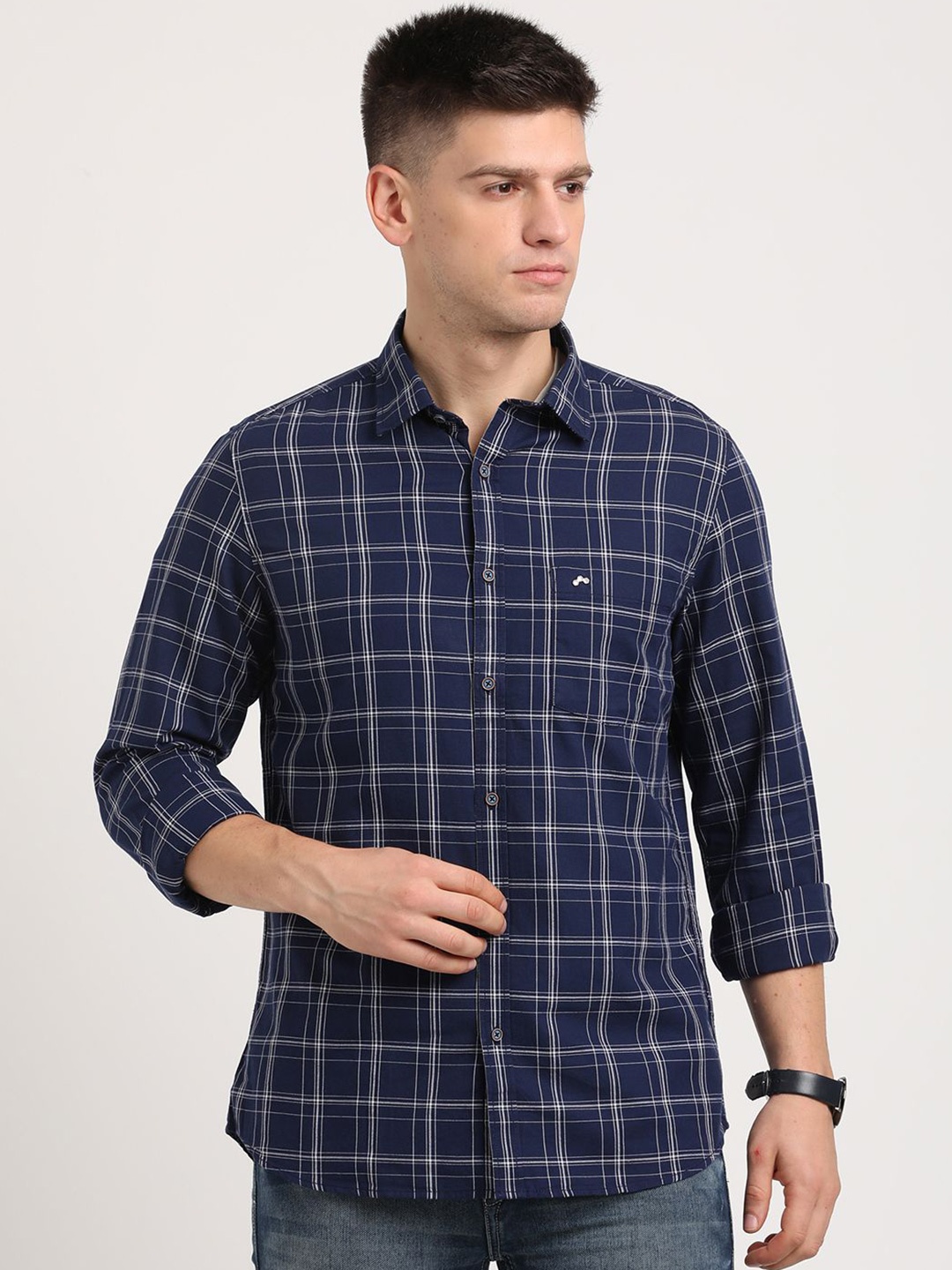 

Turtle Men Relaxed Slim Fit Tartan Checks Opaque Checked Casual Shirt, Blue