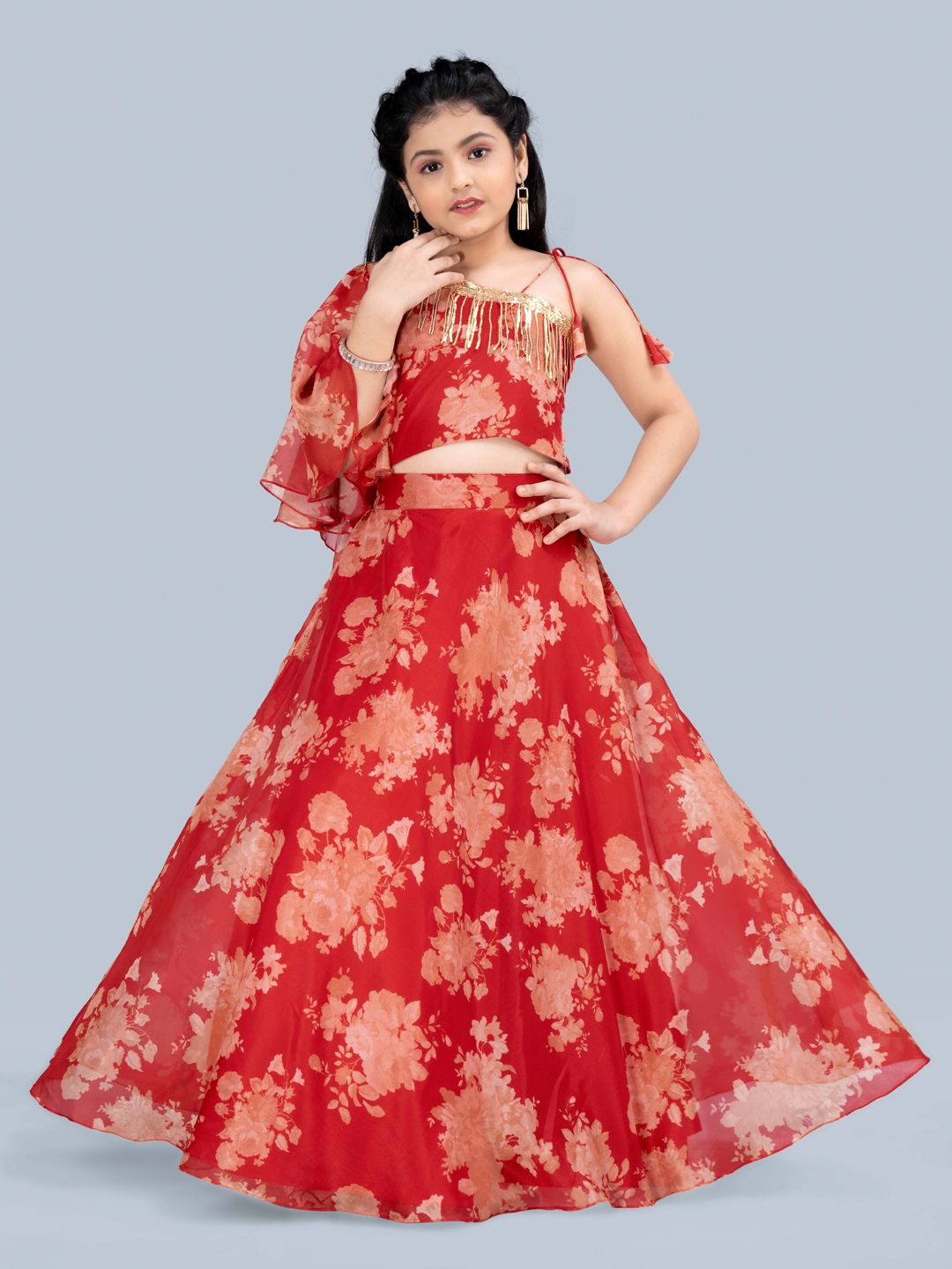 

BAESD Girls Printed Ready to Wear Lehenga &, Red