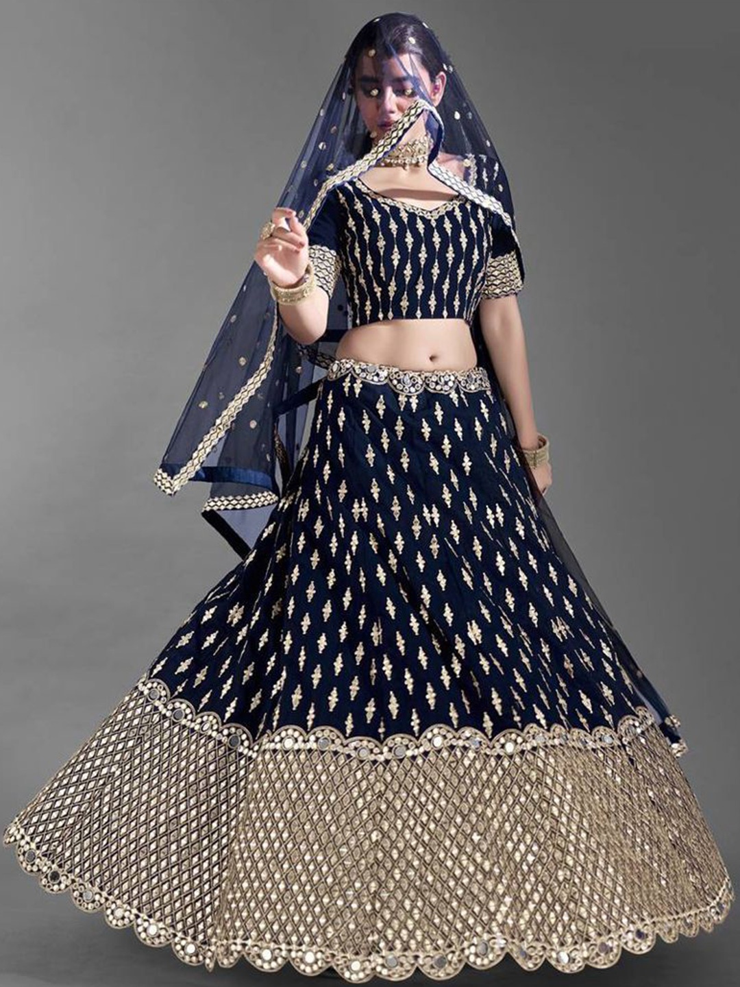 

Rujave Embellished Sequinned Semi-Stitched Lehenga & Unstitched Blouse With Dupatta, Navy blue