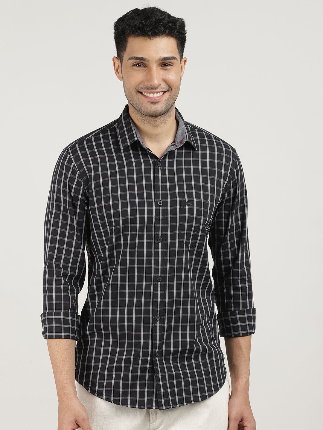 

DRAGON HILL Men Classic Slim Fit Grid Tattersall Checks Opaque Checked Casual Shirt, Black