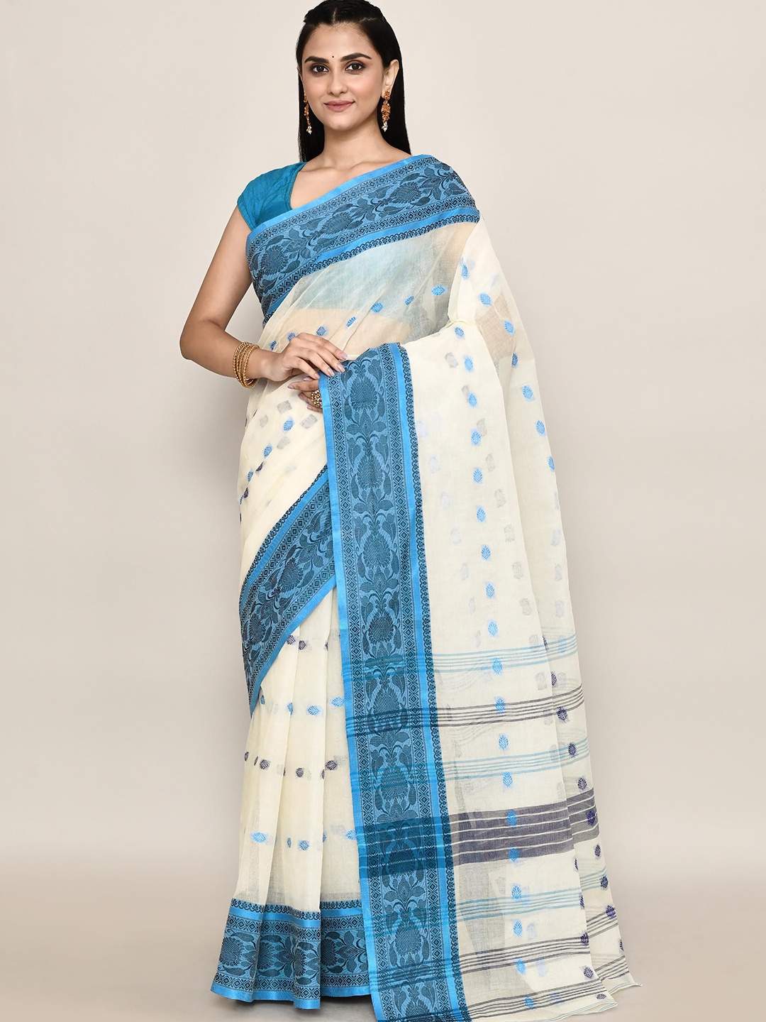 

PUKU Woven Design Pure Cotton Taant Saree, Off white