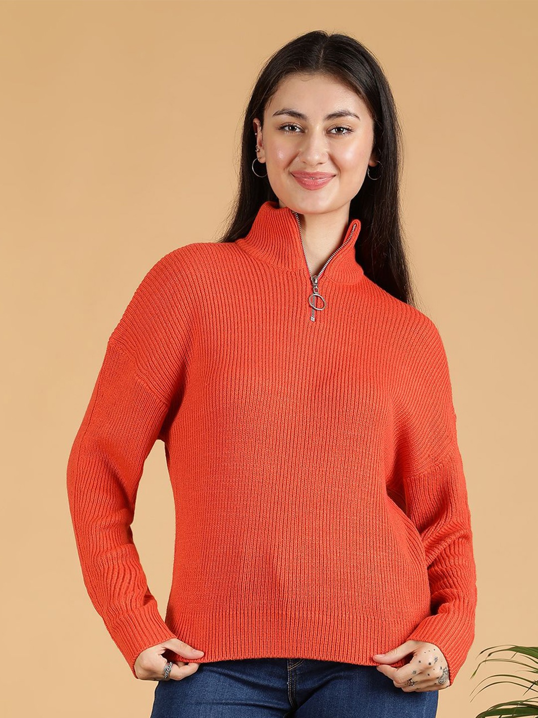 

Kotty Women Half Zipper Ribbed Cotton Pullover, Orange