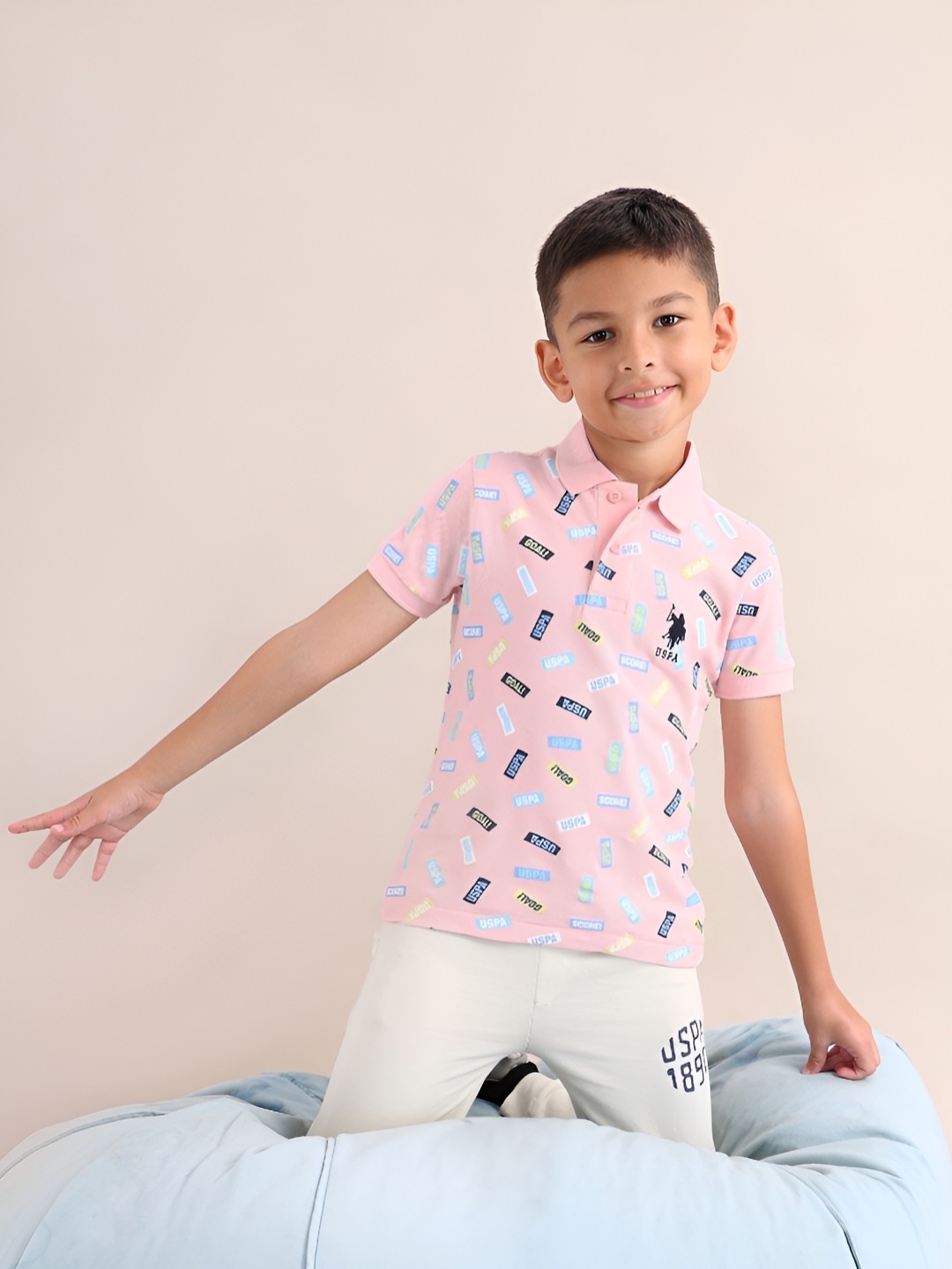 

U.S. Polo Assn. Kids Boys Brand Logo Printed Polo Collar T-shirt, Pink