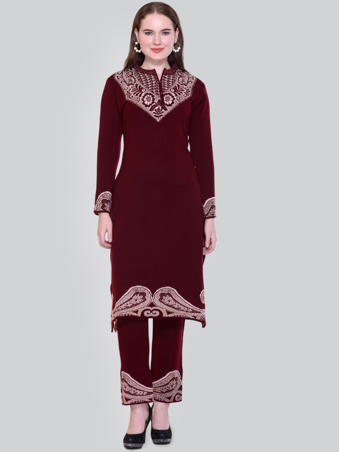 

MONTREX Floral Woven Design Mandarin Collar Straight Kurta With Trouser & Dupatta, Maroon
