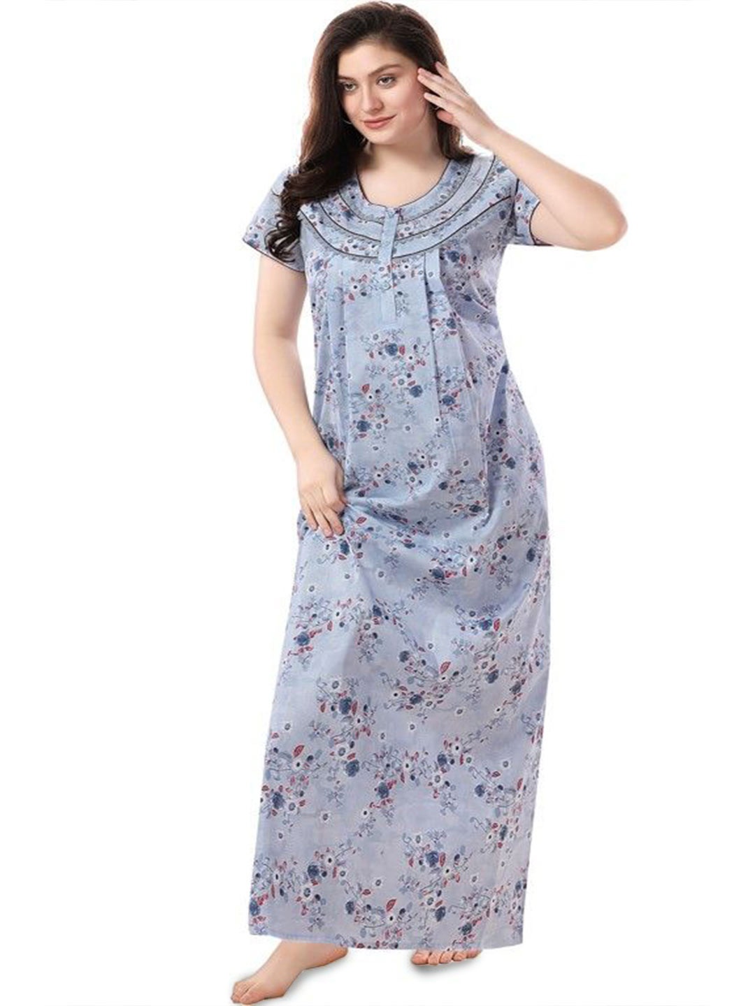 

Soulemo Women Pure Cotton Floral Printed Round Neck Short Sleeves Everyday Maxi Nightdress, Blue