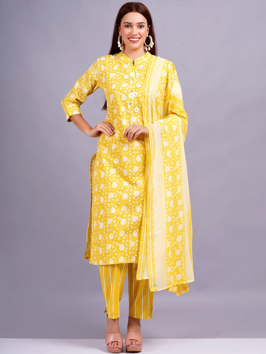 

KALINI Geometric Printed Zardozi Pure Cotton Kurta with Trousers & With Dupatta, Yellow