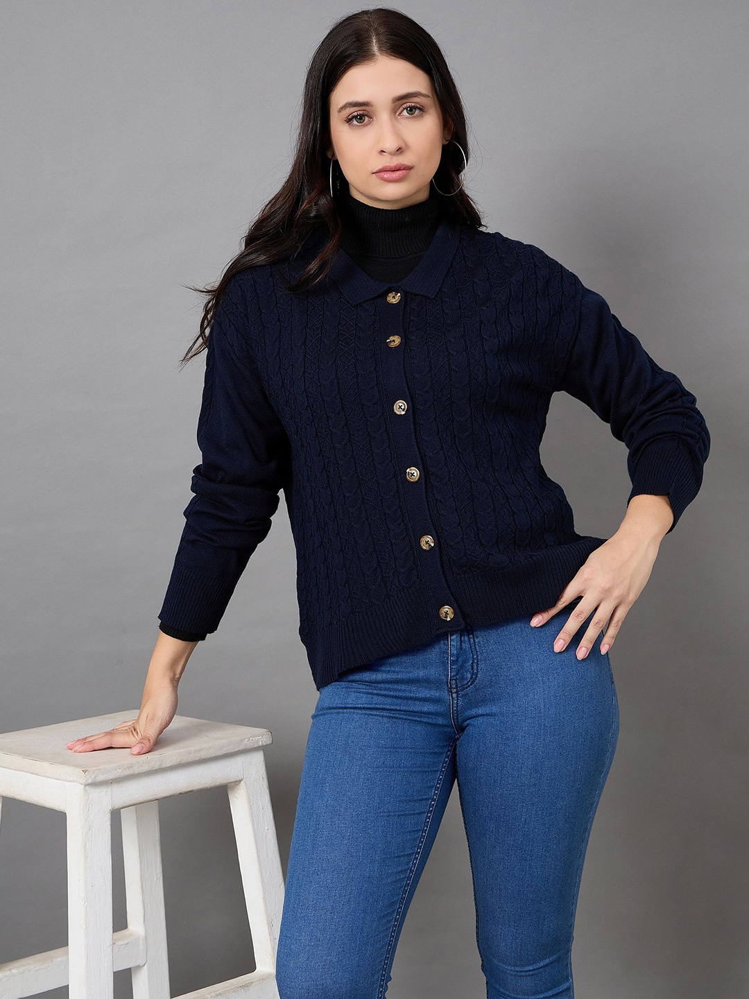 

Club York Women Cable Knit Cardigan, Navy blue