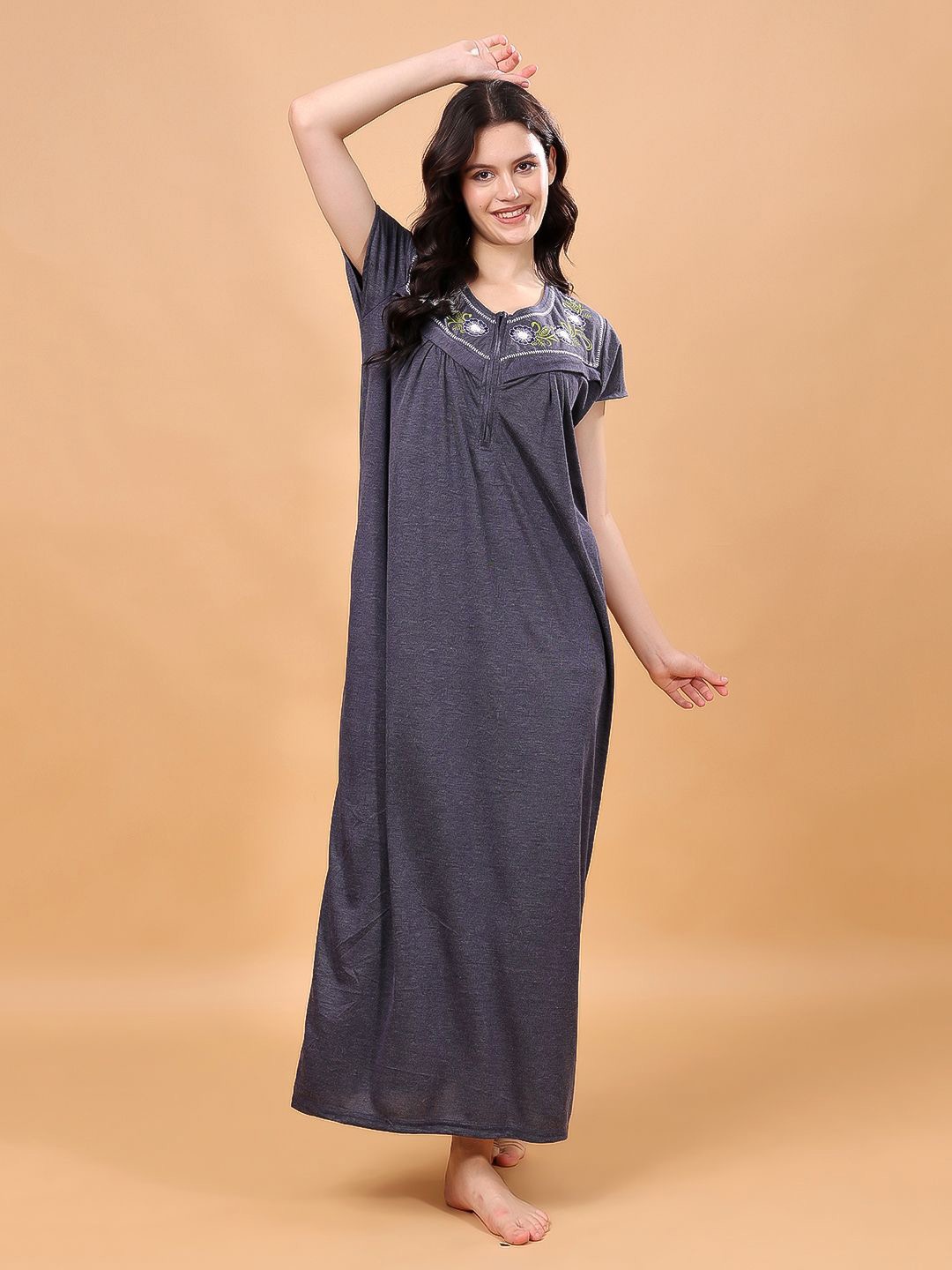 

CHUI MUI Women Floral Embroidered Maxi Nightdress, Blue