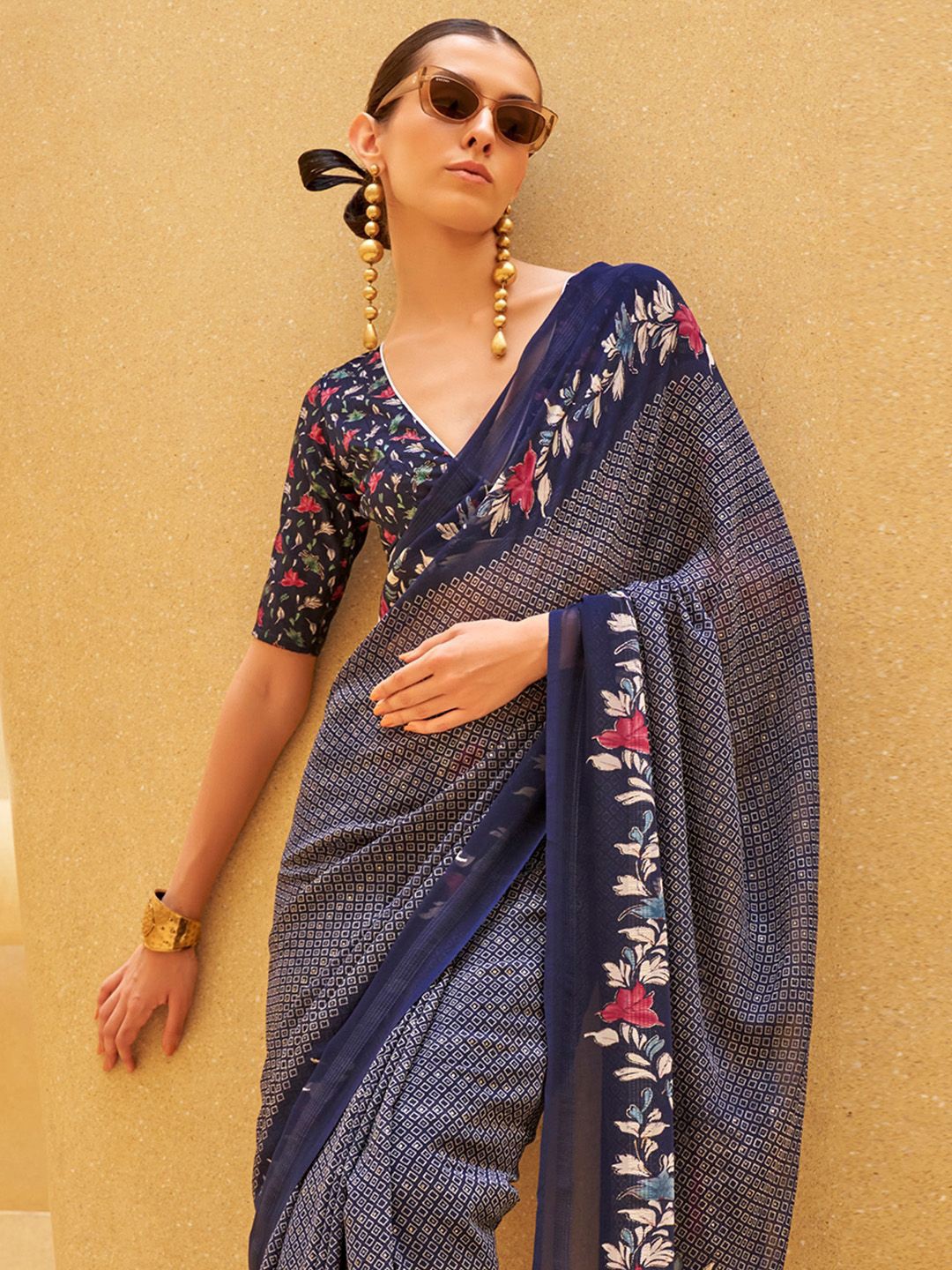 

Anouk Poly Georgette Block Print Saree, Navy blue