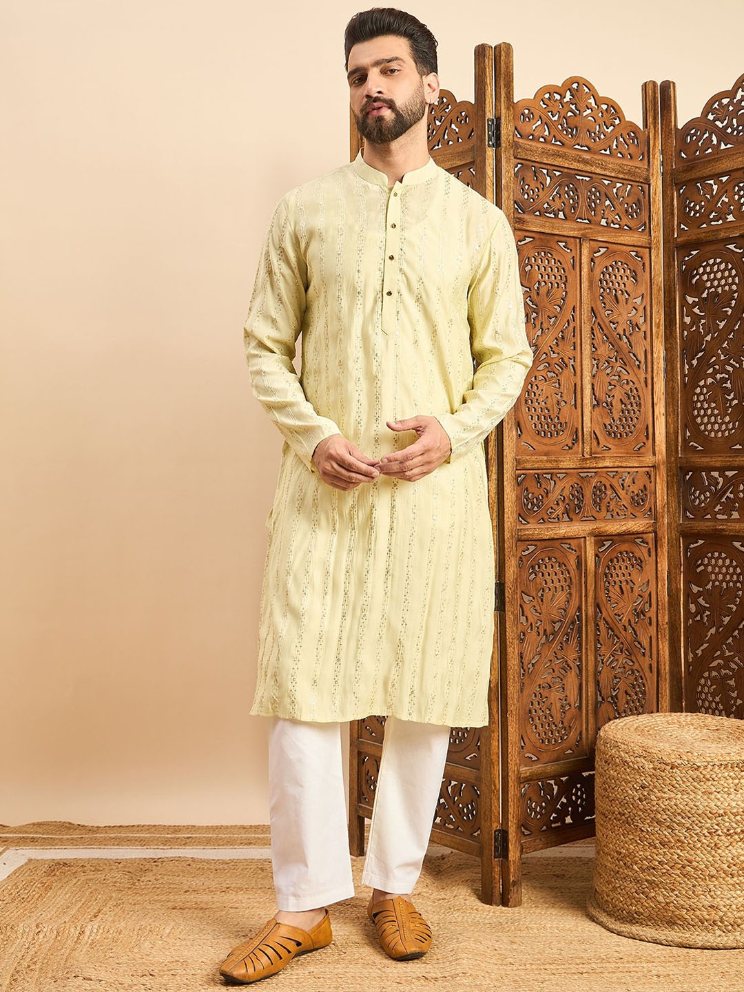 

House of Pataudi Sequin Detailed Mandarin Collar Ethnic Wear Kurta, Yellow