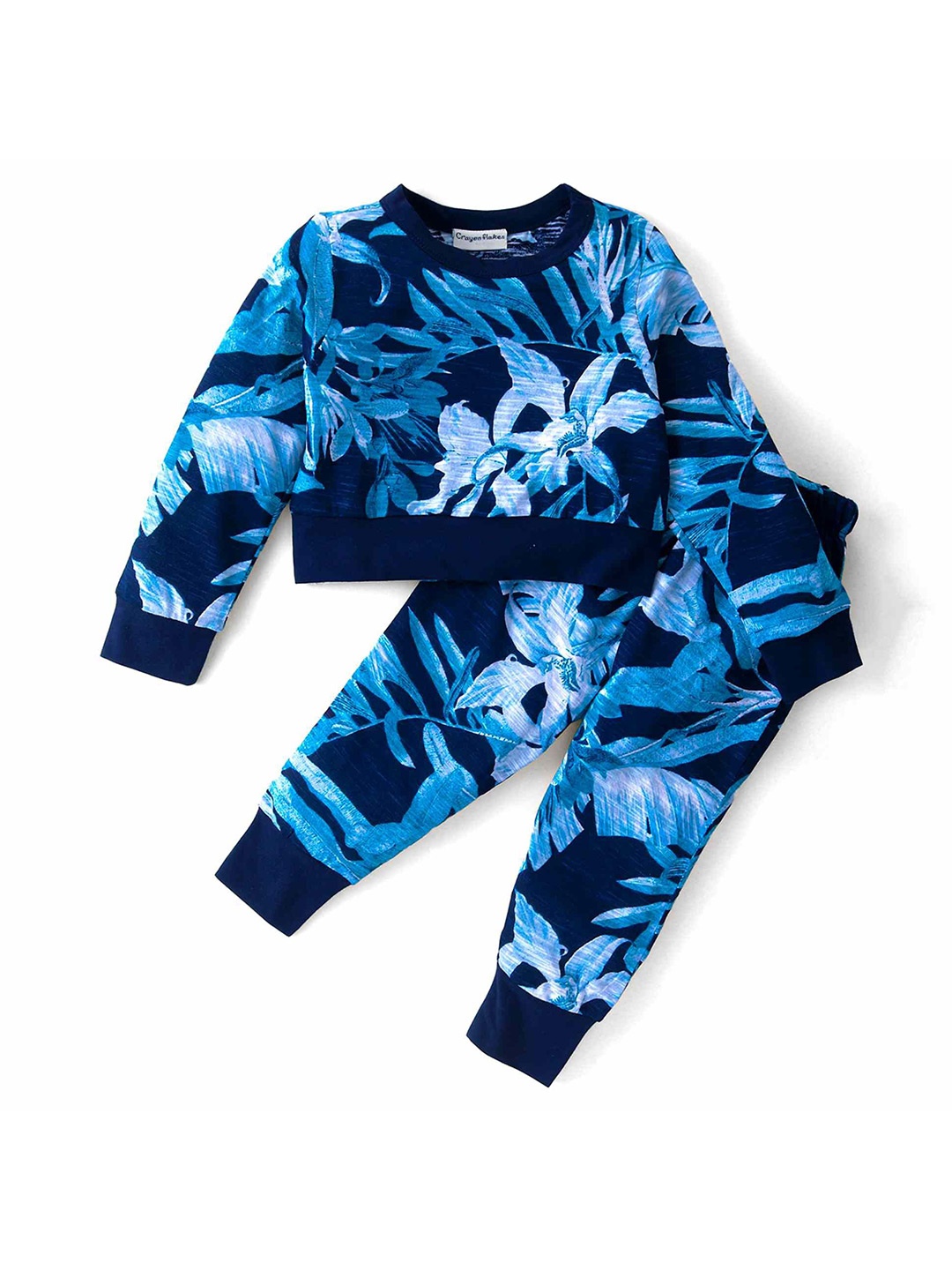 

CrayonFlakes Girls Printed Pure Cotton Sweatshirt with Joggers, Navy blue