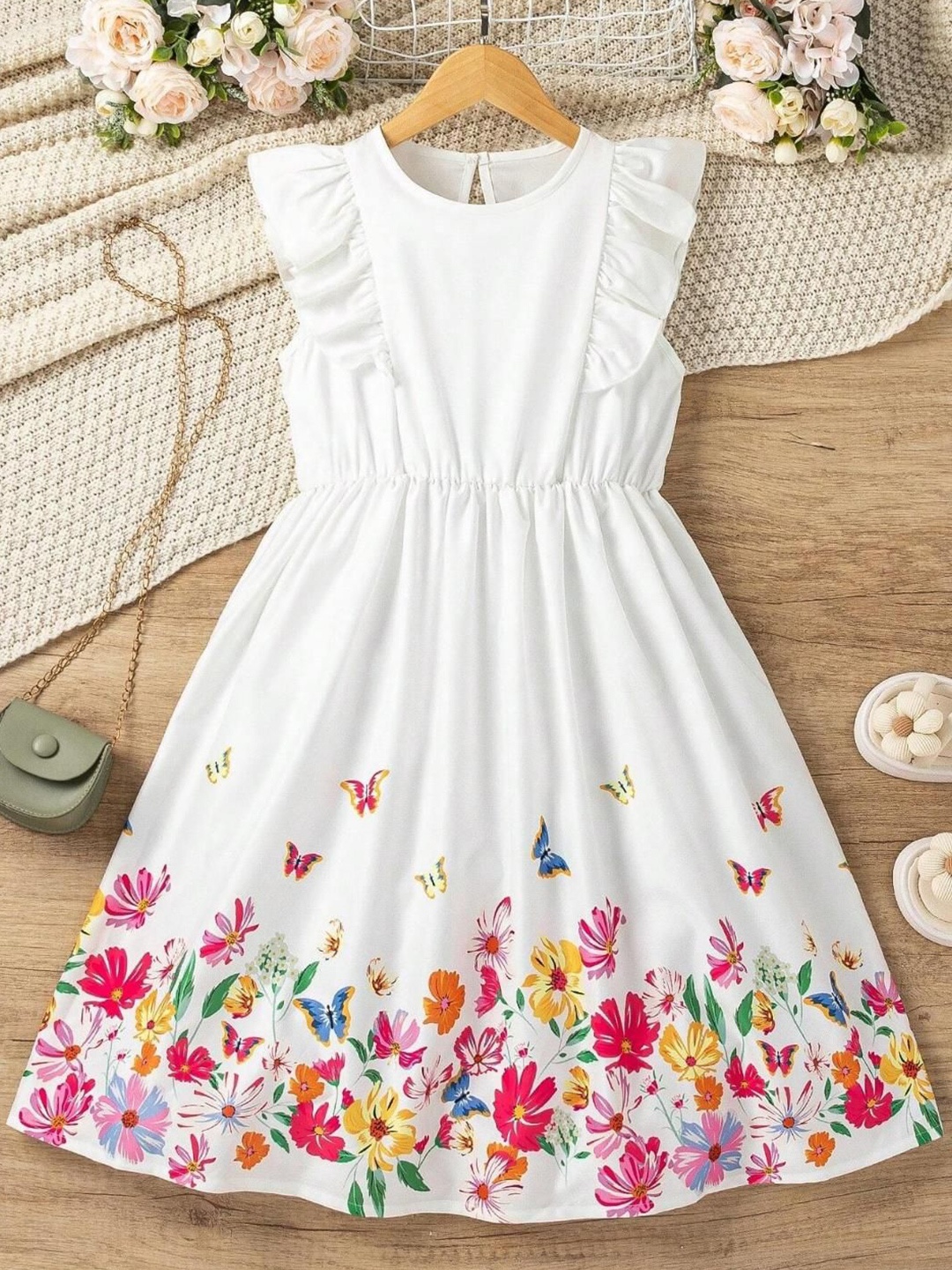 

Miss & Chief Girls Floral Printed Fit & Flare Knee Length Dress, Off white
