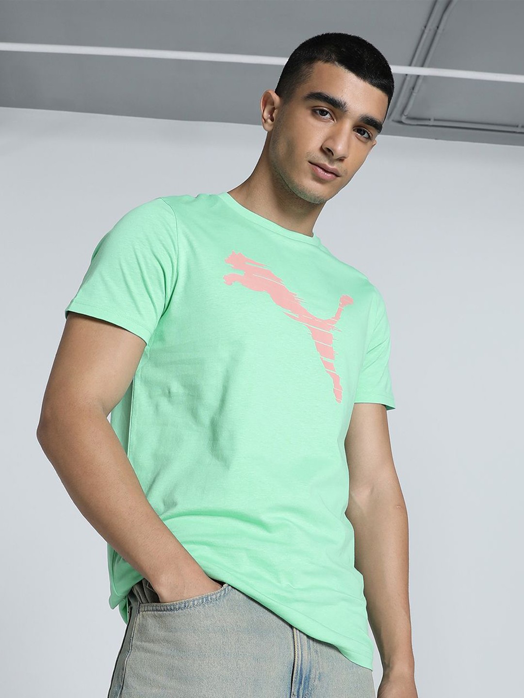 

Puma Shaded Brand Logo Printed Slim Fit Cotton T-Shirt, Green