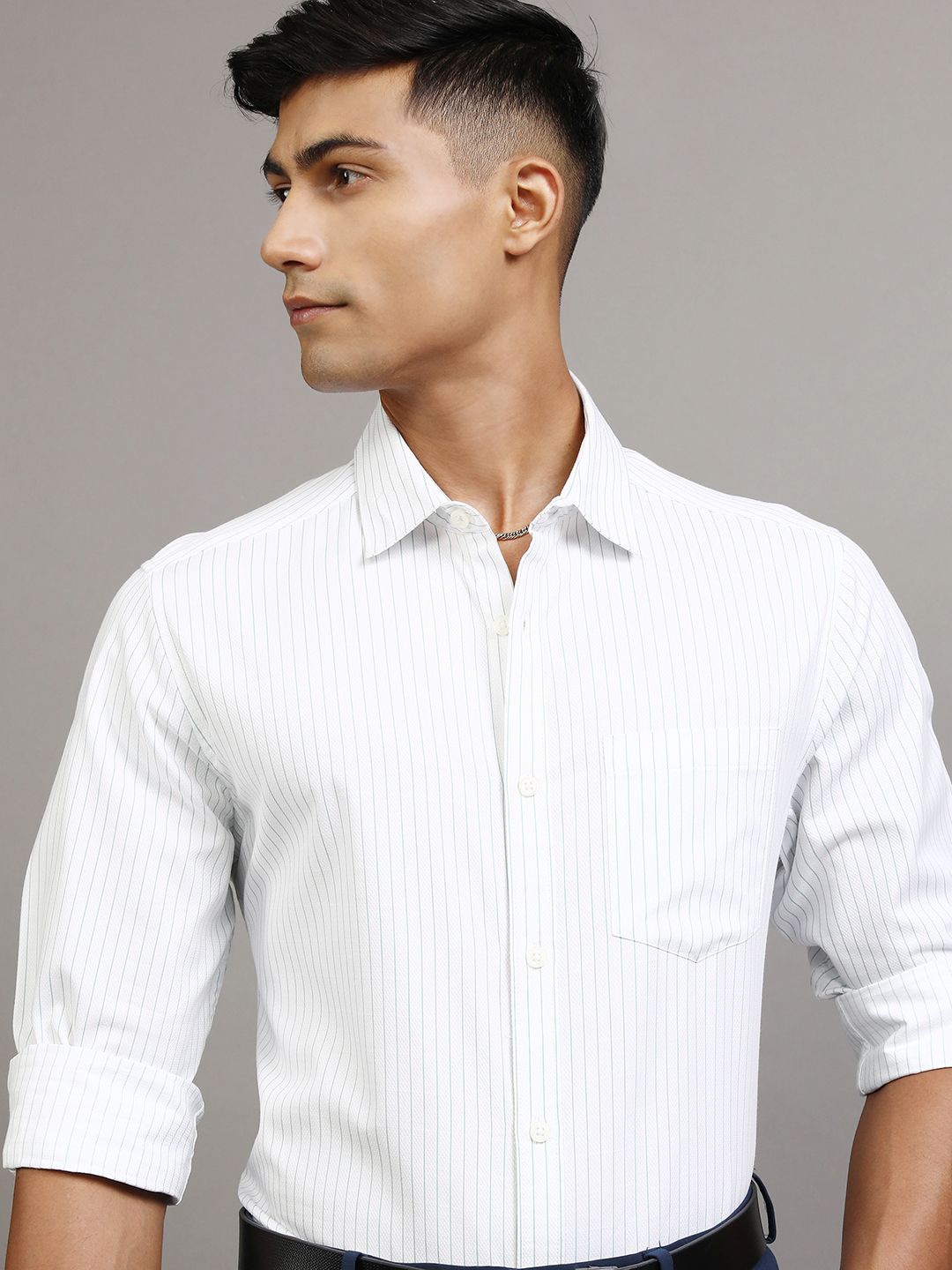 

LOCOMOTIVE Premium Men Dobby Textured Striped Occasion Slim Fit Shirt, White
