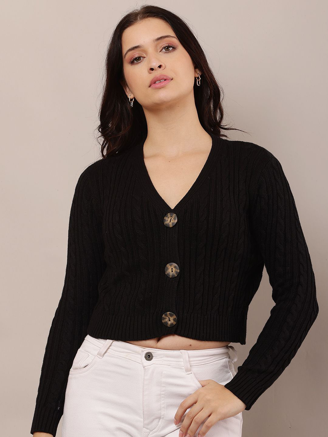 

NoBarr Women Cable Knit Crop Cardigan, Black