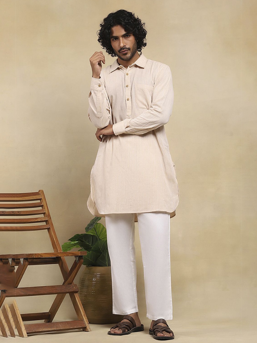 

House of Chikankari Men Thread Work Pathani Kurta, Beige