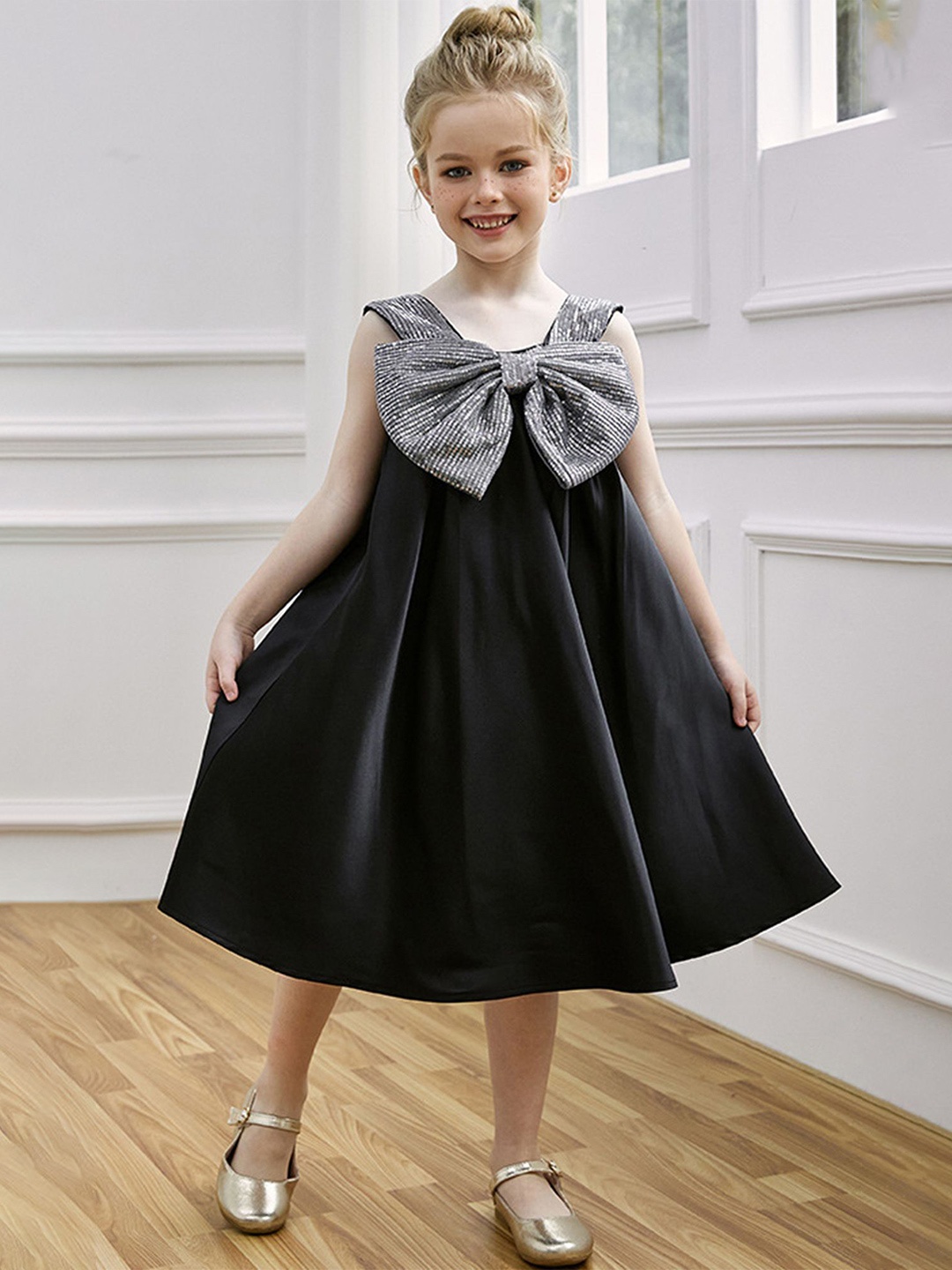 

LULU & SKY Girls Embellished Bow Detail A-Line Midi Dress, Black