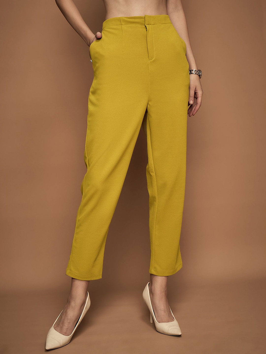 

STYLECAST X KASSUALLY Women Relaxed Straight Fit Easy Wash Trousers, Mustard