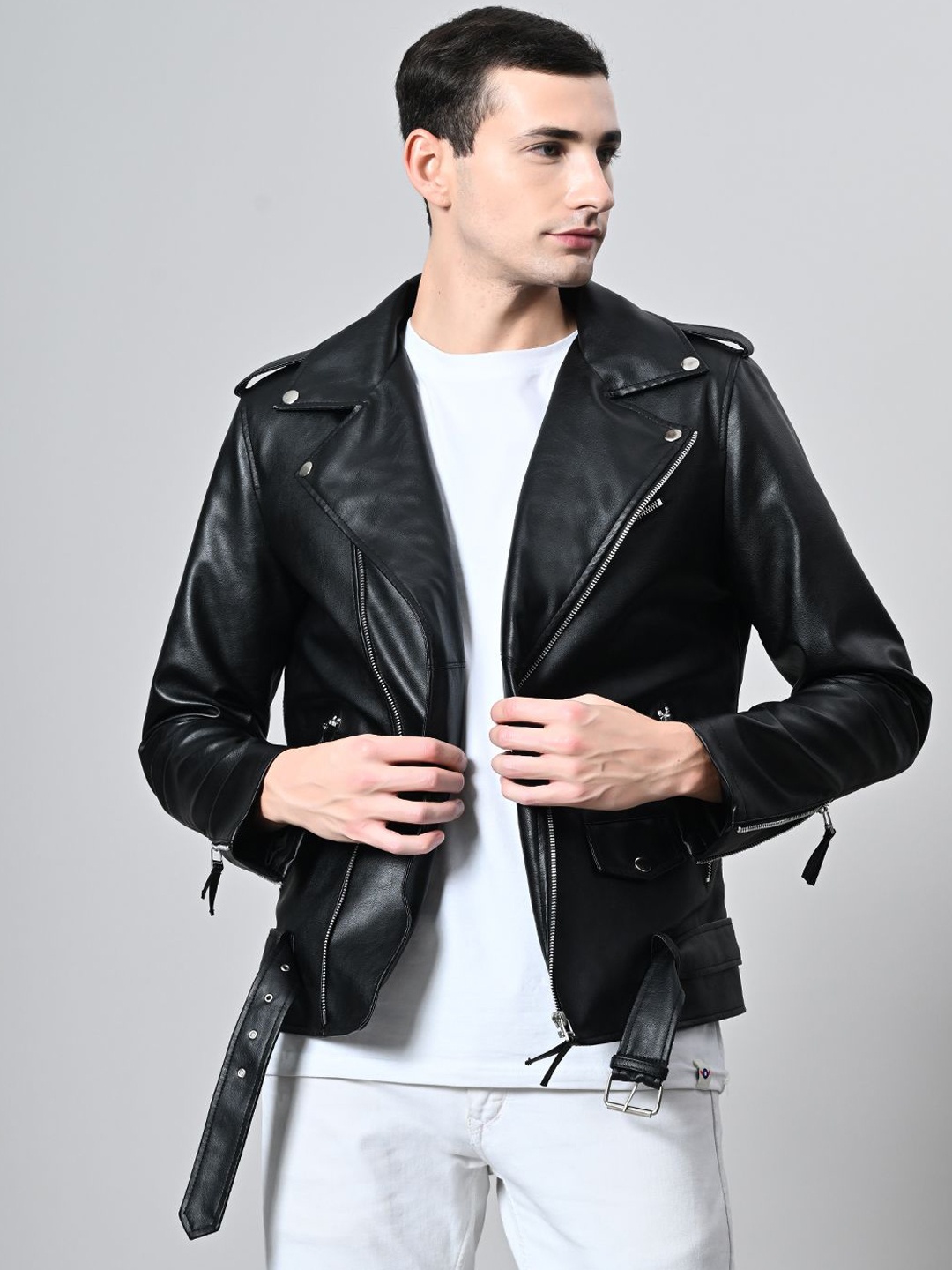 

TBOJ Men Leather Lightweight Biker Jacket, Black