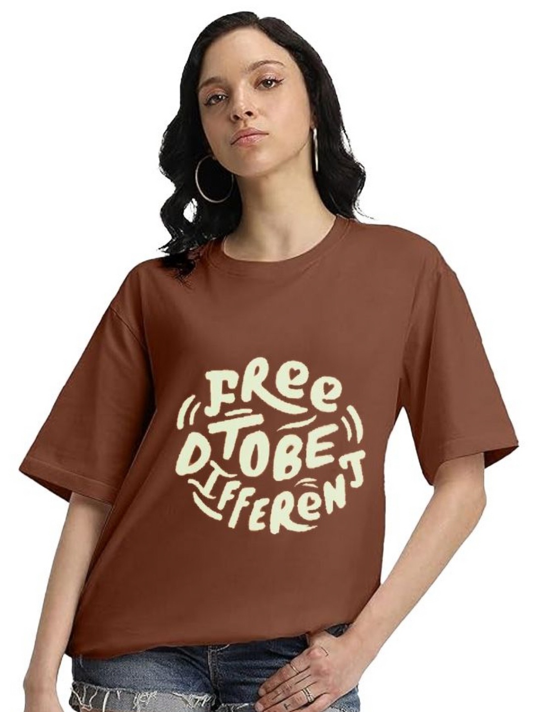 

VIXENLY Women Printed Applique T-shirt, Brown