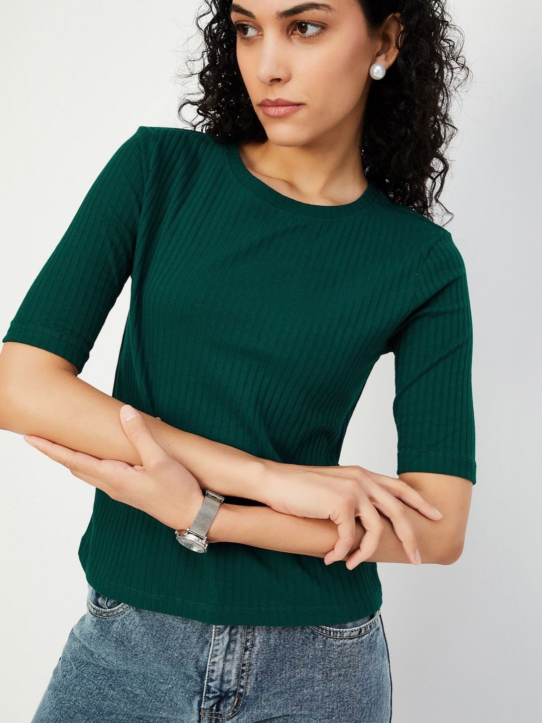 

max Women Self Design Round Neck Cotton T-shirt, Green