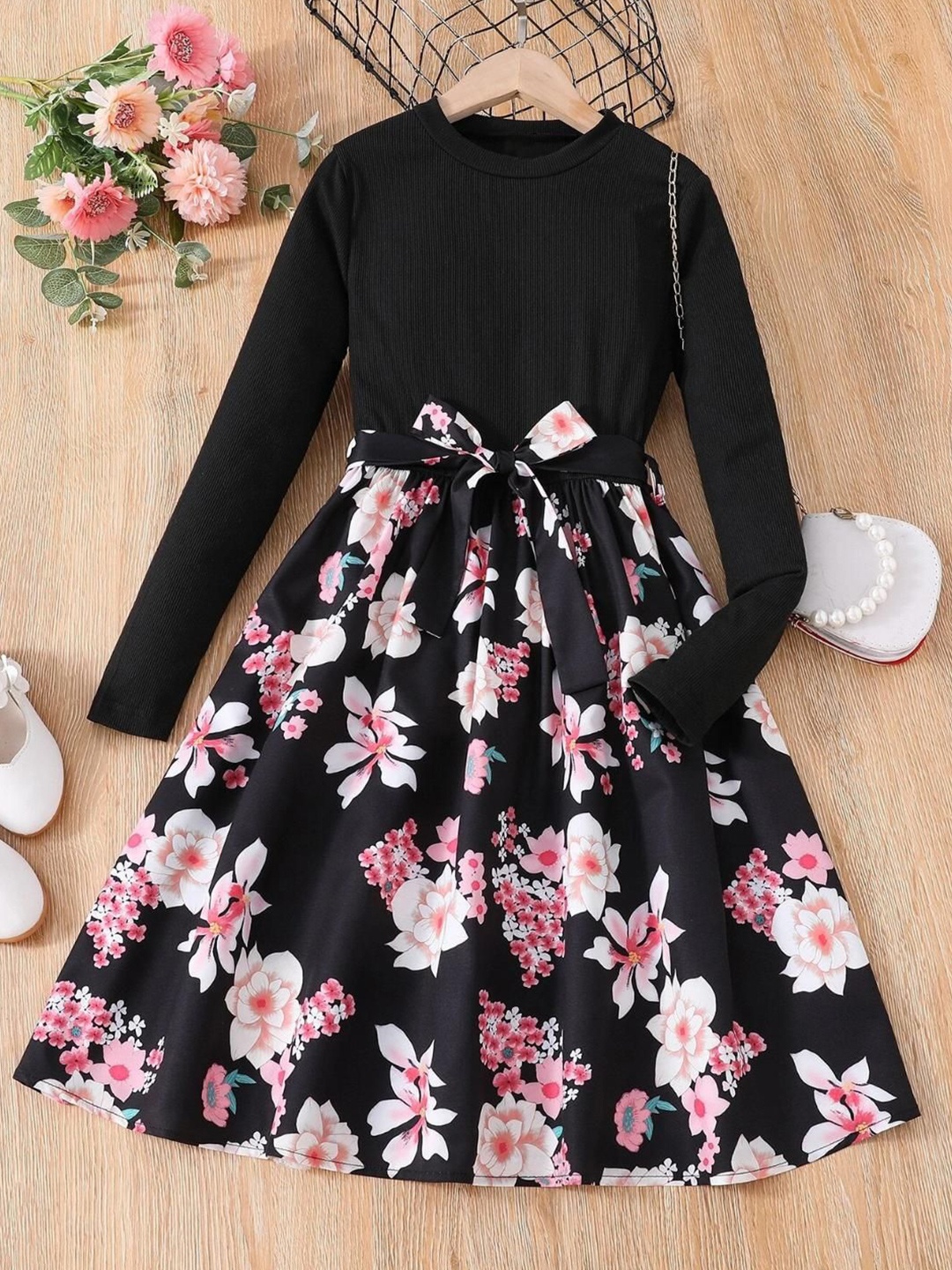 

Miss & Chief Girls Floral Printed Fit & Flare Midi Dress, Black