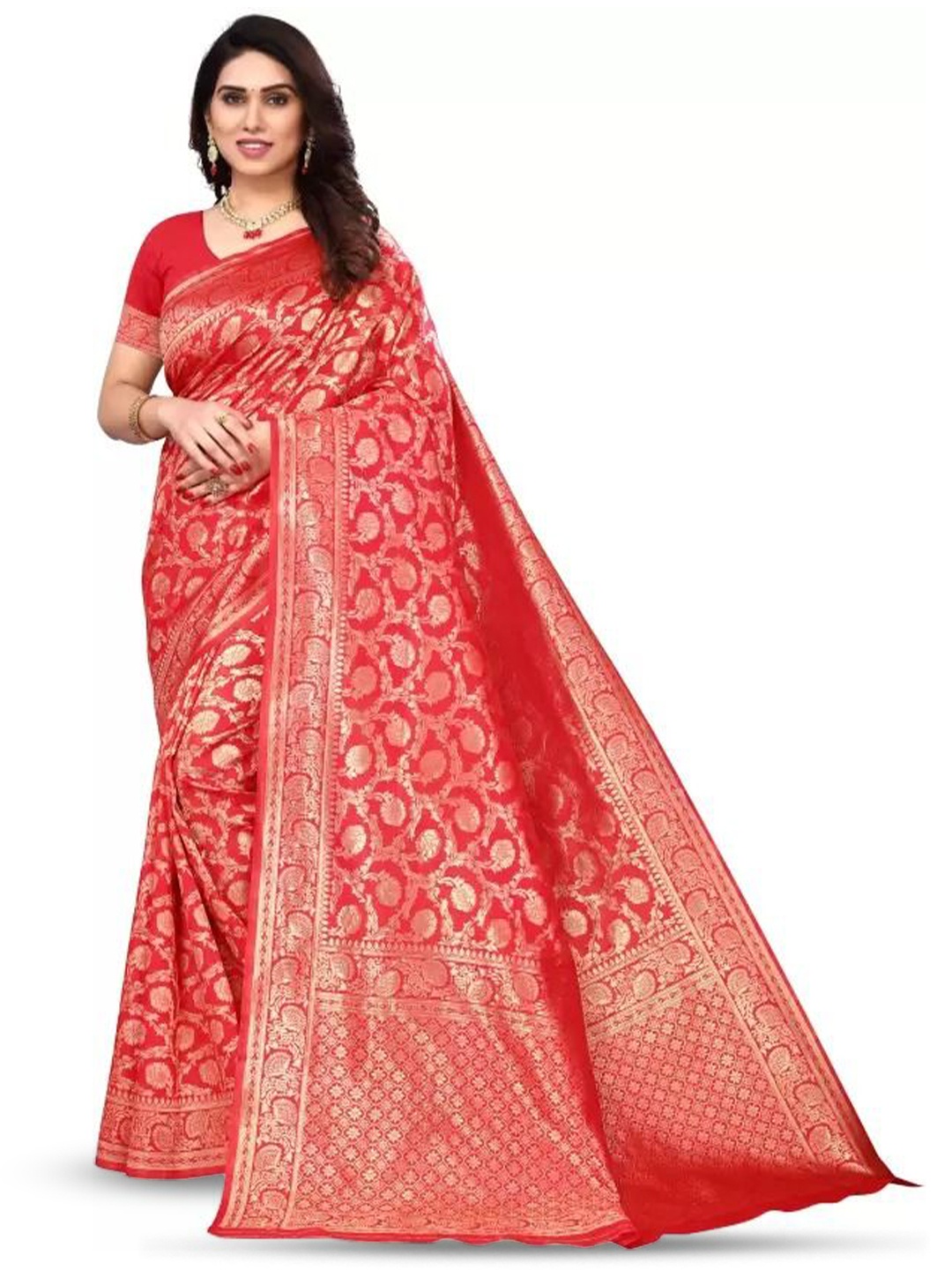

SAADHVI Woven Design Zari Pure Silk Banarasi Saree, Red