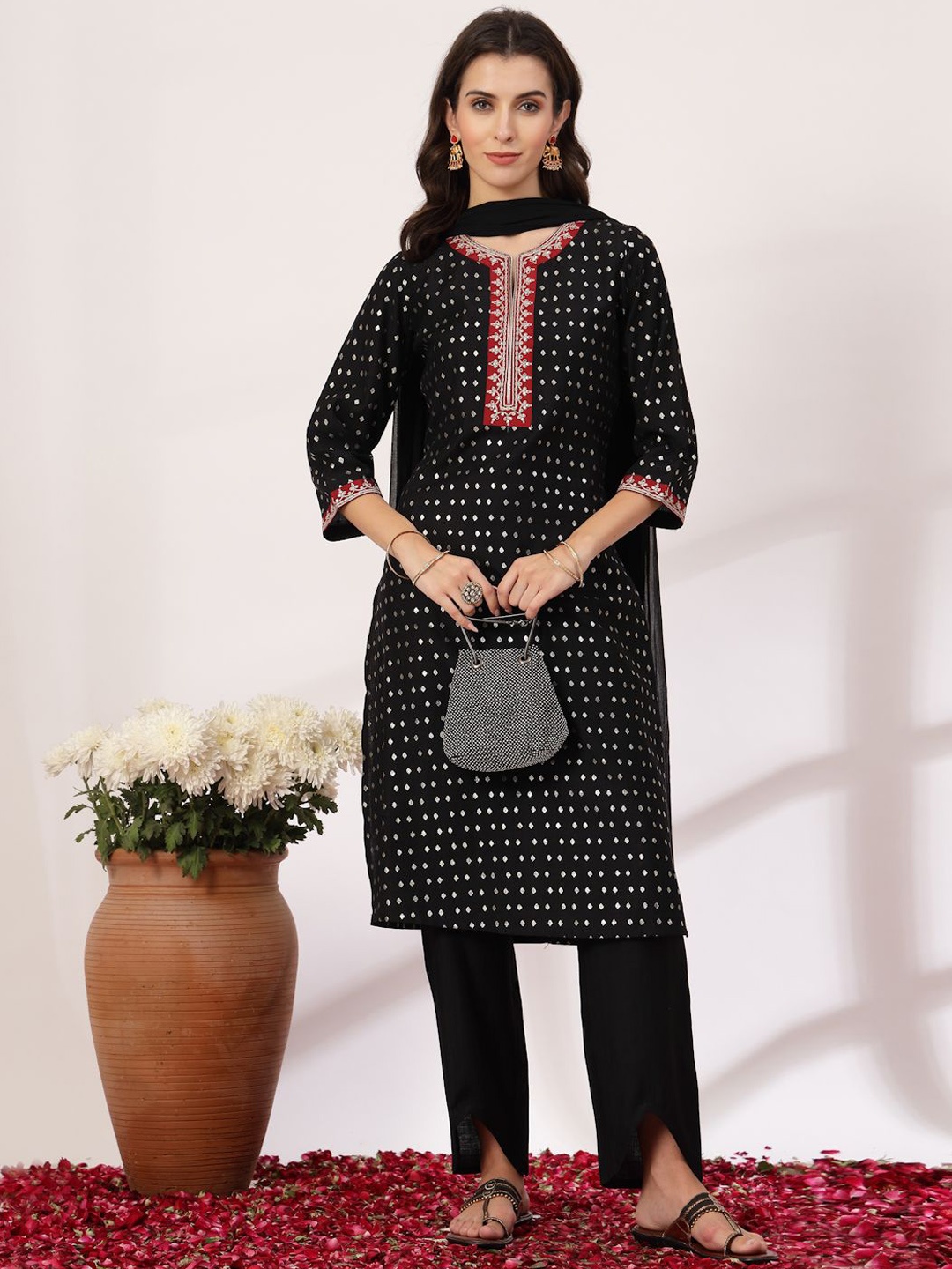 

Nayam By Lakshita Printed Mirror Work Straight Kurta With Trousers & Dupatta, Black