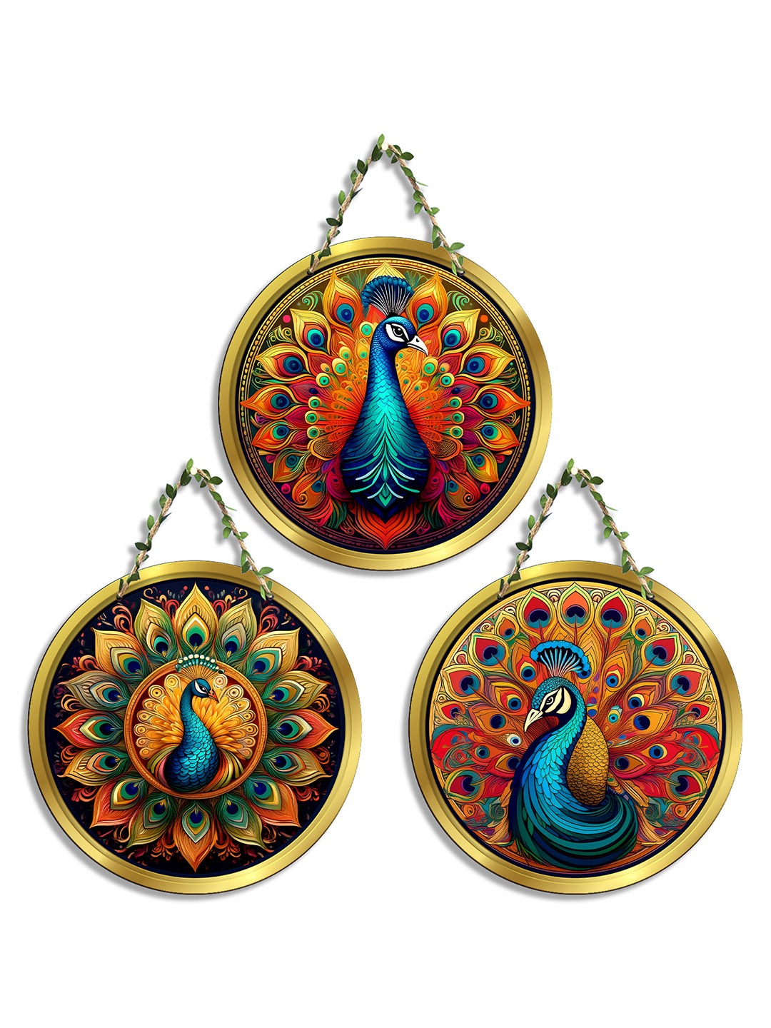 

SEHAZ ARTWORKS Cir Yellow & Blue 3 Pieces Printed Wooden Wall Hangings