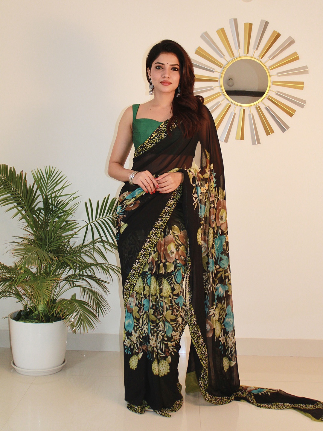 

SANJANA SILK Floral Pure Georgette Saree, Lime green