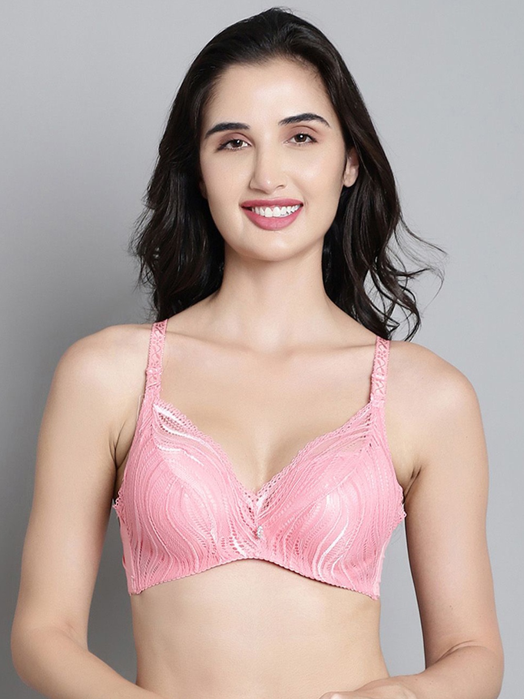 

MAKCLAN Women Plunge Medium Coverage Underwired Lightly Padded Lace Bra, Pink