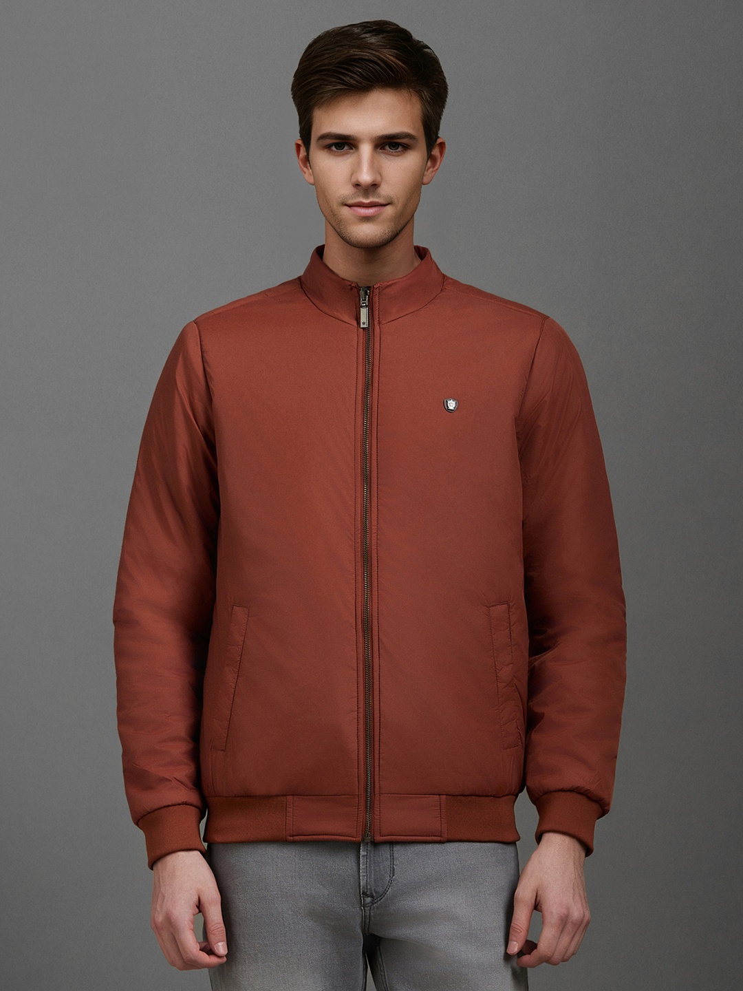 

Louis Philippe Men Mock Collar Solid Casual Bomber Reversible Jacket, Brown