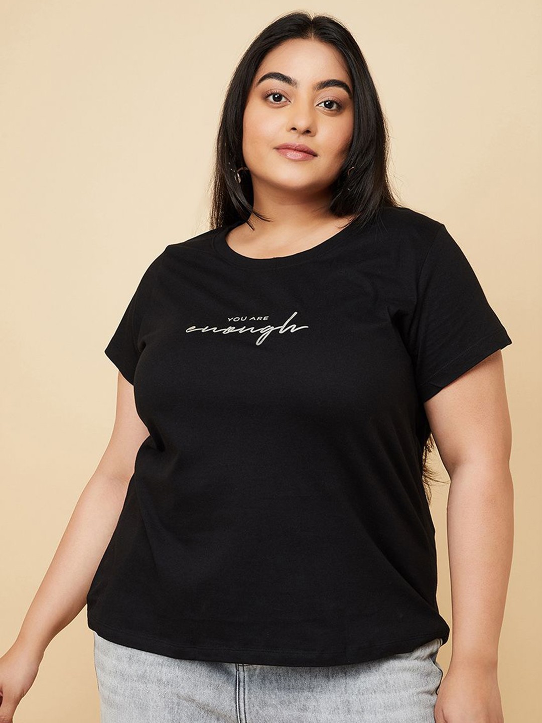 

max Women Plus Size Typography Printed Round Neck Cotton T-shirt, Black