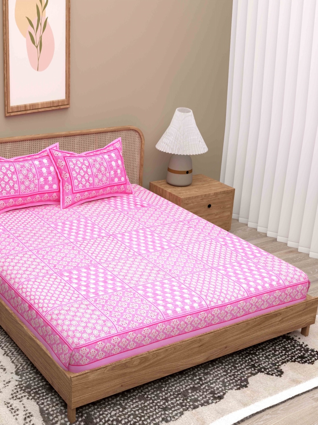 

Lali Prints Pink & White Geometric 180 TC Queen Bedsheet with 2 Pillow Covers