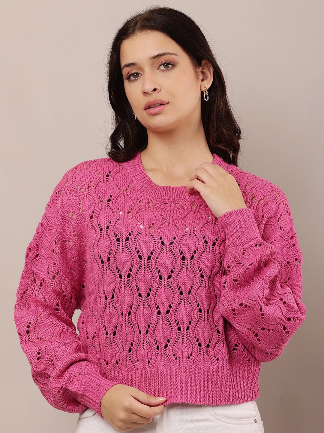

NoBarr Women Open Knit Round Neck Cotton Pullover, Pink