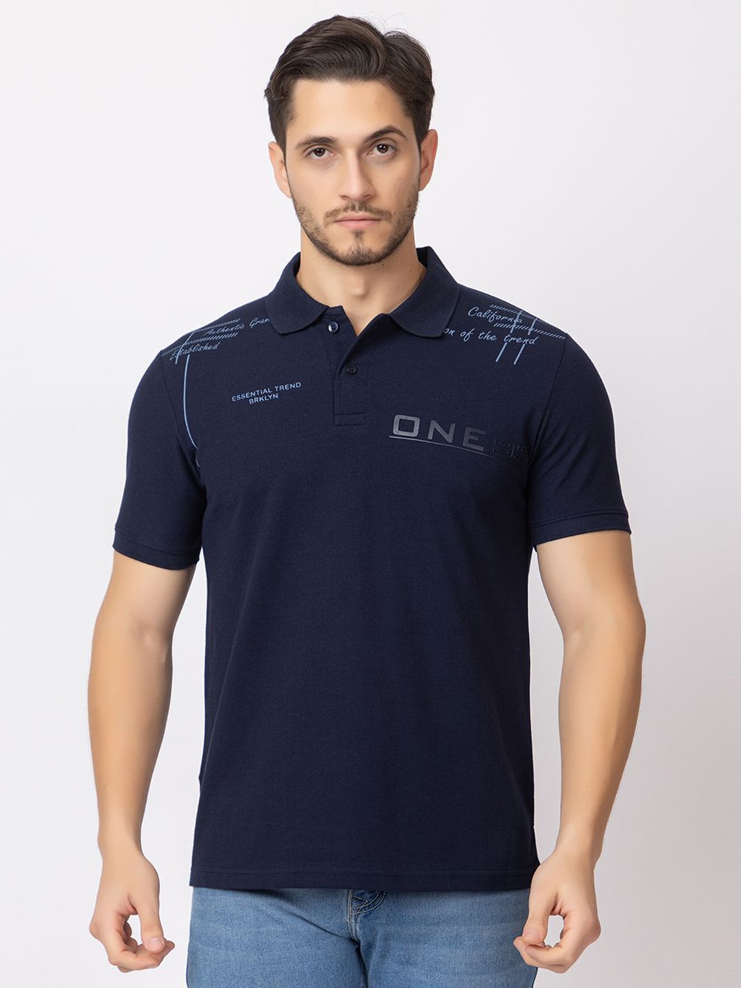 

ARIIX Men Typography Printed Polo Collar Cotton T-shirt, Navy blue