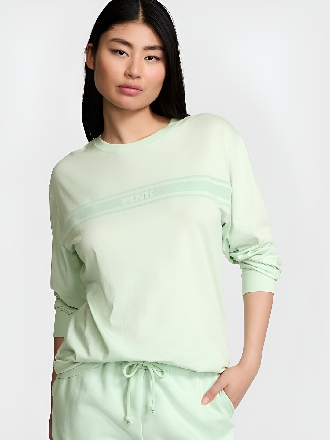 

Victoria's Secret Women Striped Round Neck Cotton Relaxed Fit T-shirt, Green