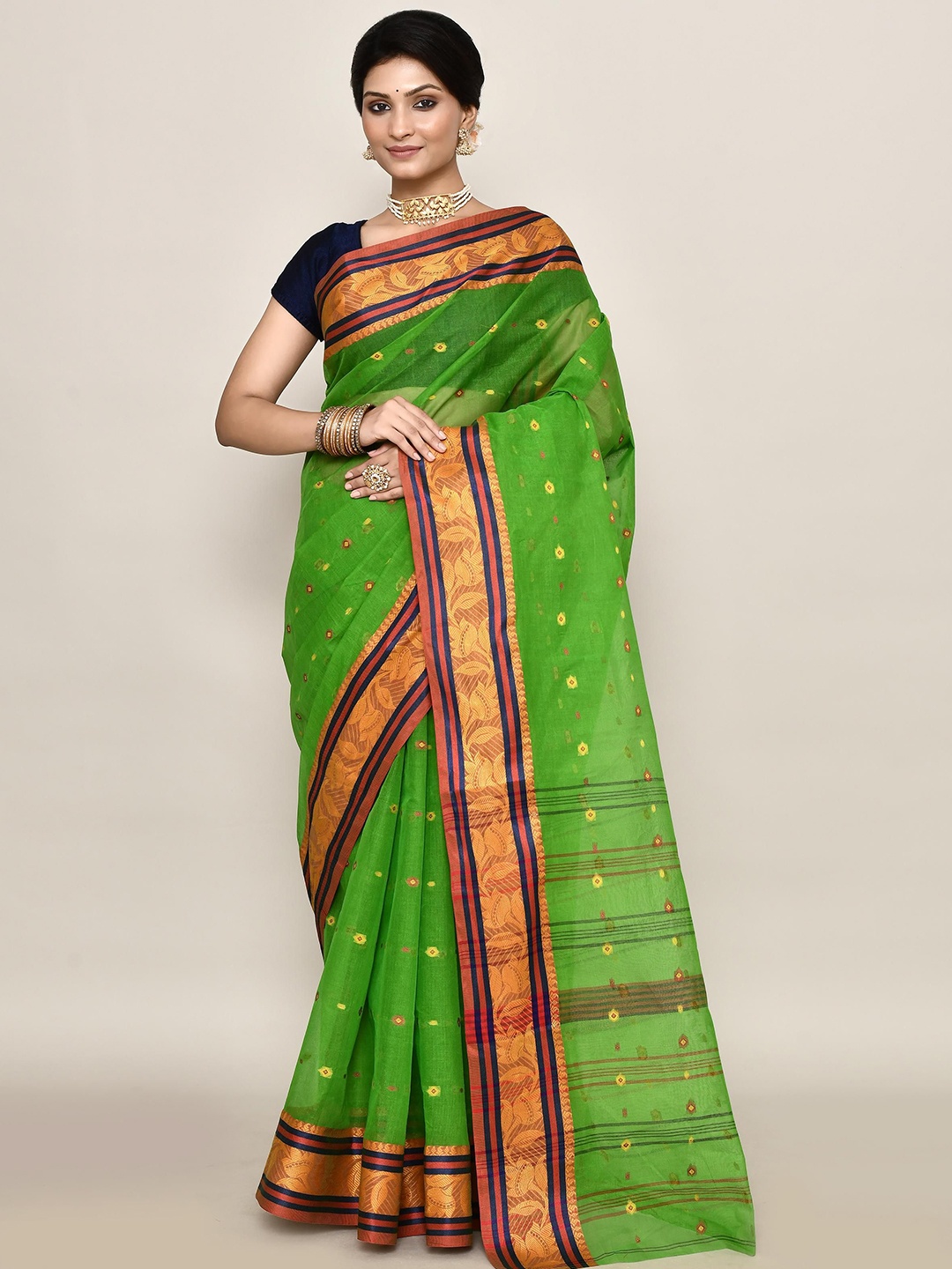 

PUKU Woven Design Ethnic Motifs Pure Cotton Taant Saree, Green