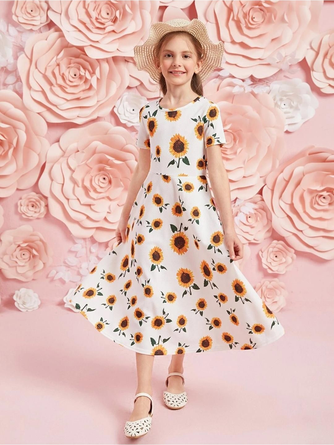 

Miss & Chief Girls Floral Printed Fit & Flare Midi Dress, White