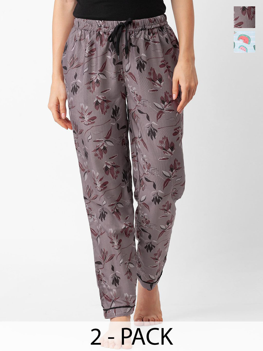 

FashionRack Women Pack Of 2 Printed Mid Rise Lounge Pants, Grey