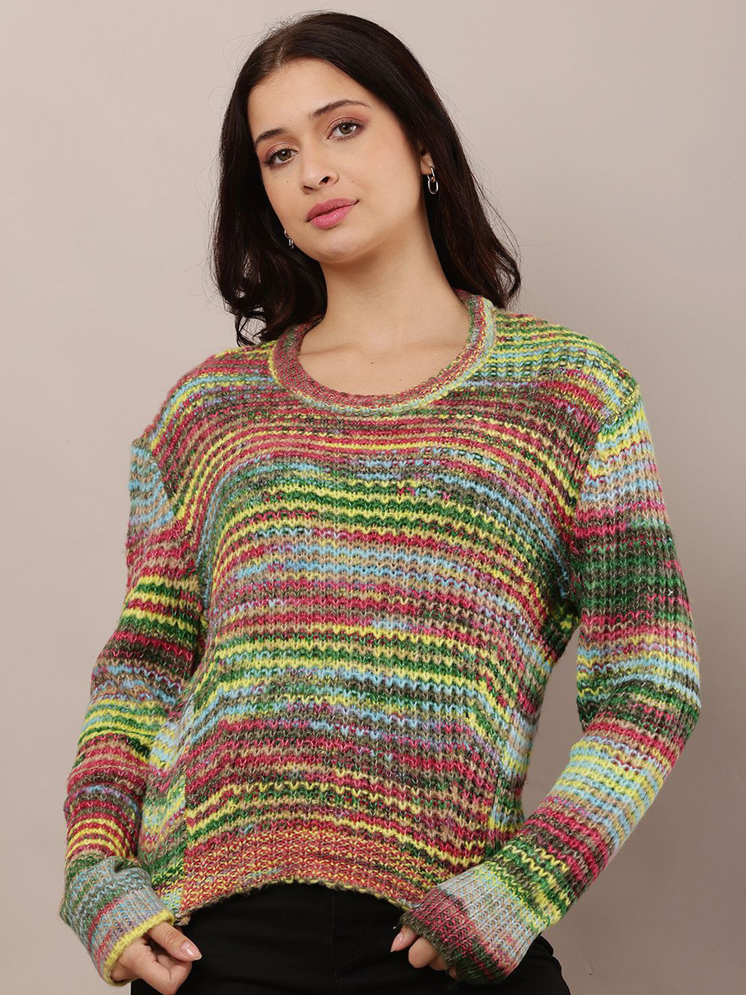 

NoBarr Women Striped Woollen Pullover, Blue