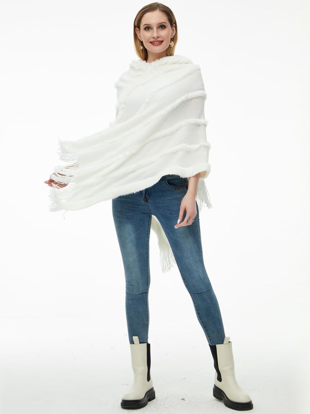 

Bold N Elegant Women Warm Fur Hooded Poncho Sweater, White