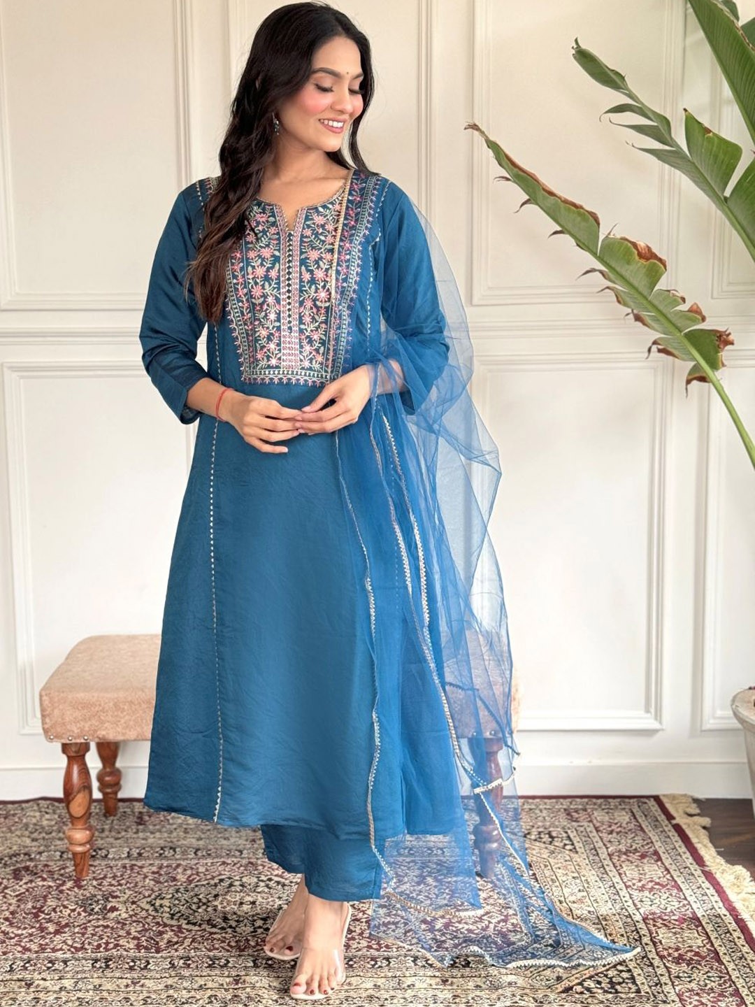 

KALINI Floral Thread Work Chanderi Silk Kurta with Trousers & Dupatta, Blue