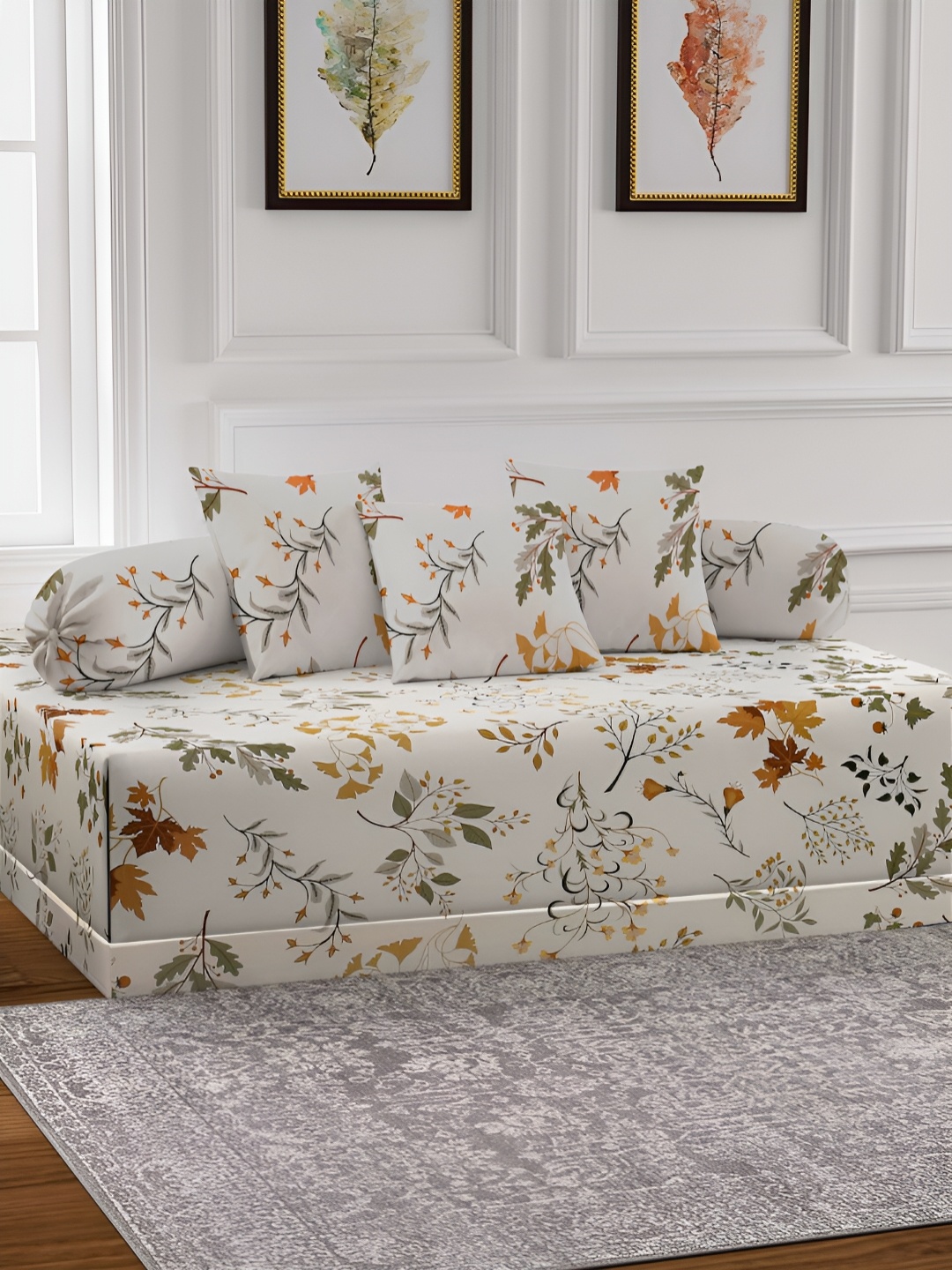 

Arrabi 6-Pcs Cream-Color & Green Printed Diwan Set