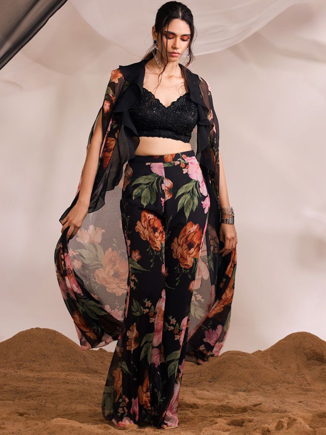 

DIVYA AGGARWAL V-Neck Embellished Top with Sharara and Shrug, Black